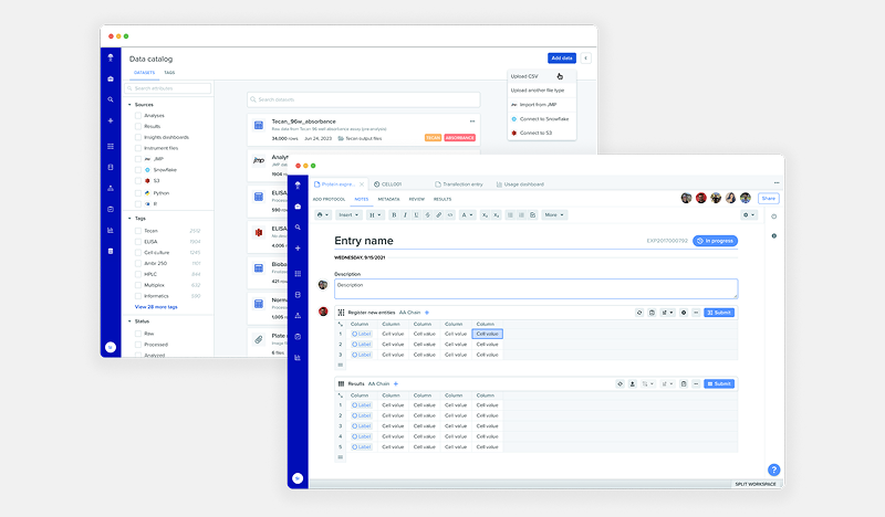 Benchling product interface showing data catalog and entry workflows