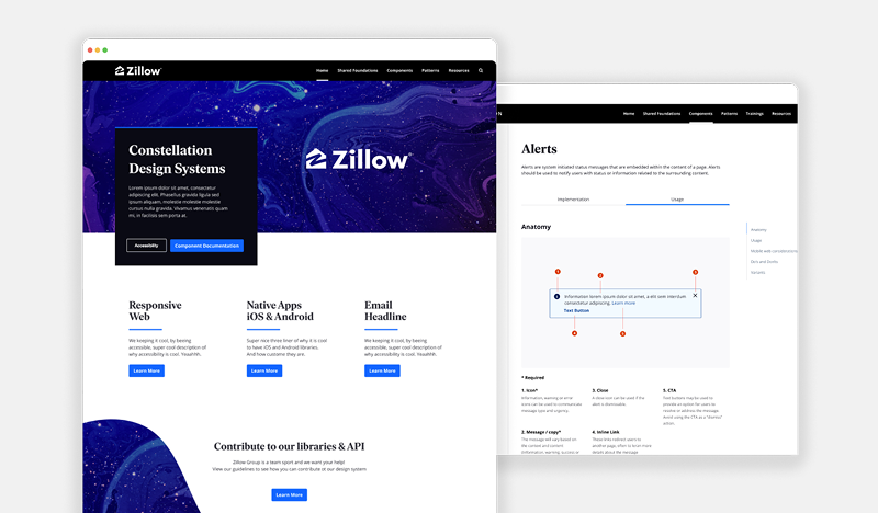 Zillow Constellation Design Systems homepage and component documentation